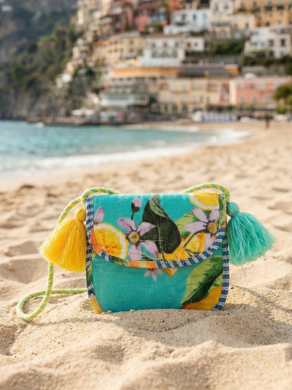 Antica Sartoria 2026 Turquoise Lemon Floral Crossbody Bag with Tassel Accents